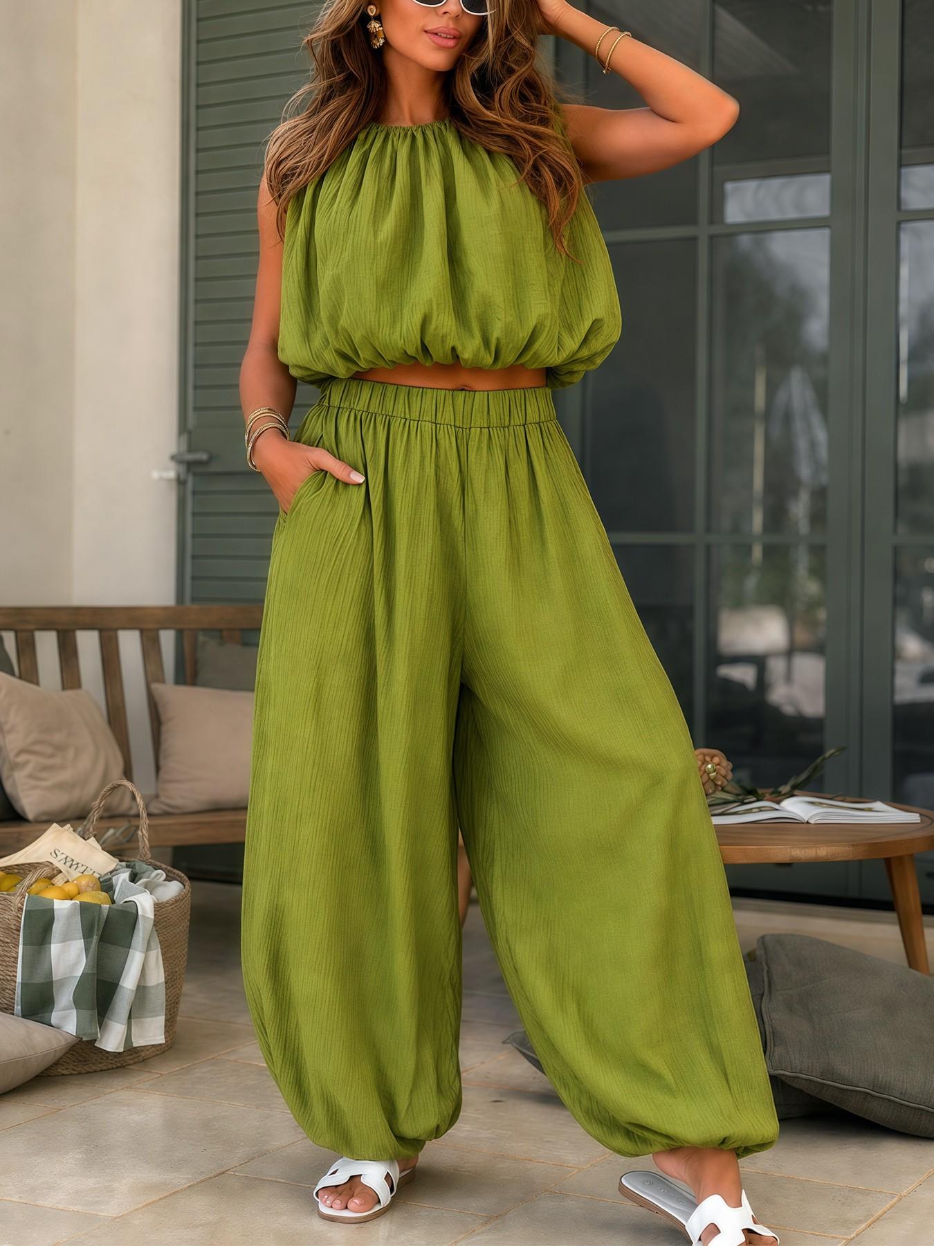 Short Sleeve Top and Wide Leg Pants Set, High Waist Two-Piece, Slimming, Fit and Breathable, Casual Chic Fashion Summer Essential, Clothes, Comfy Summer Sets