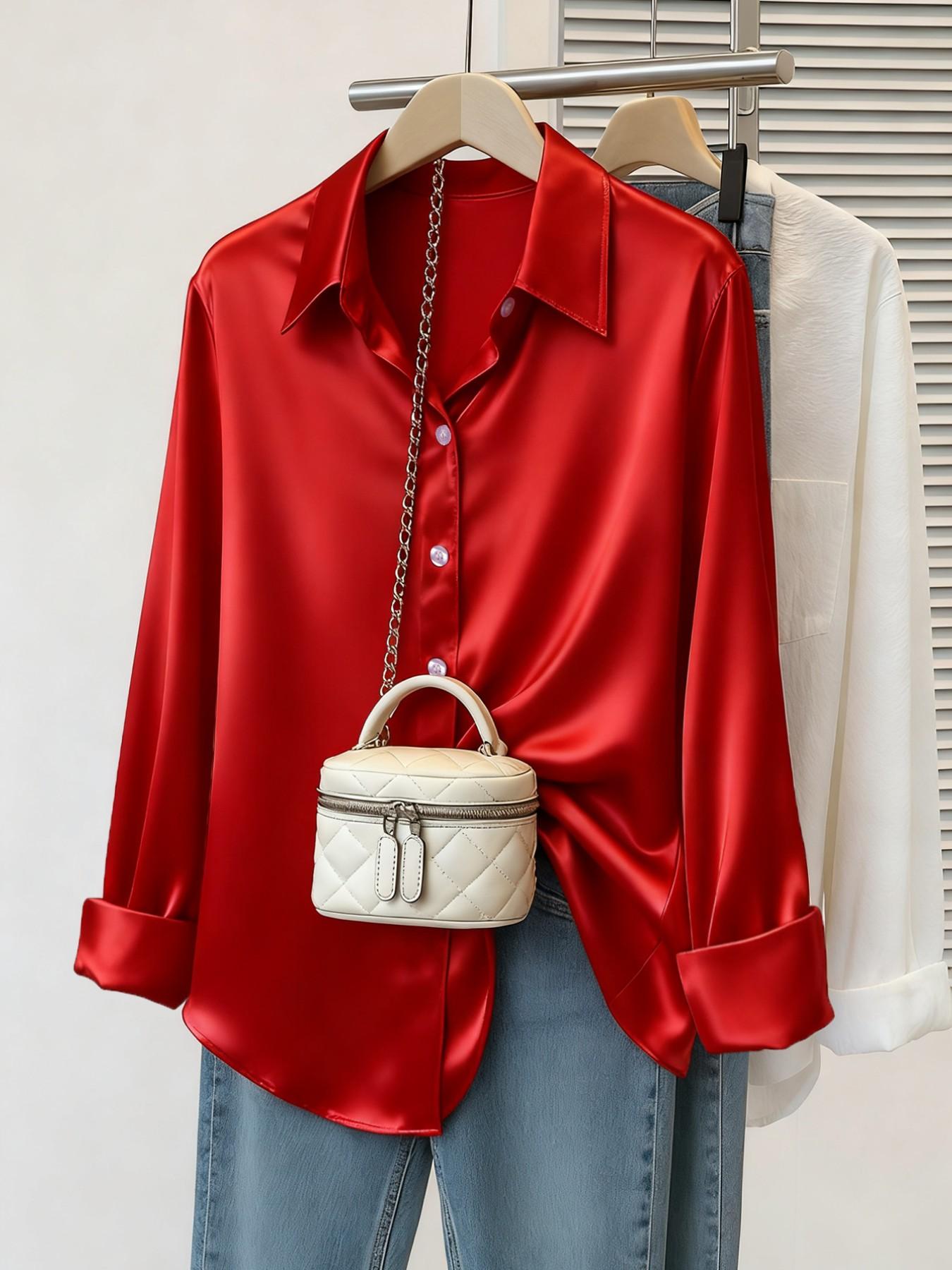 New Women's Clothing Arrival: All Seasons, Fashionable Glossy Satin Shirt, Casual and Versatile Fitted Button-Down Shirt