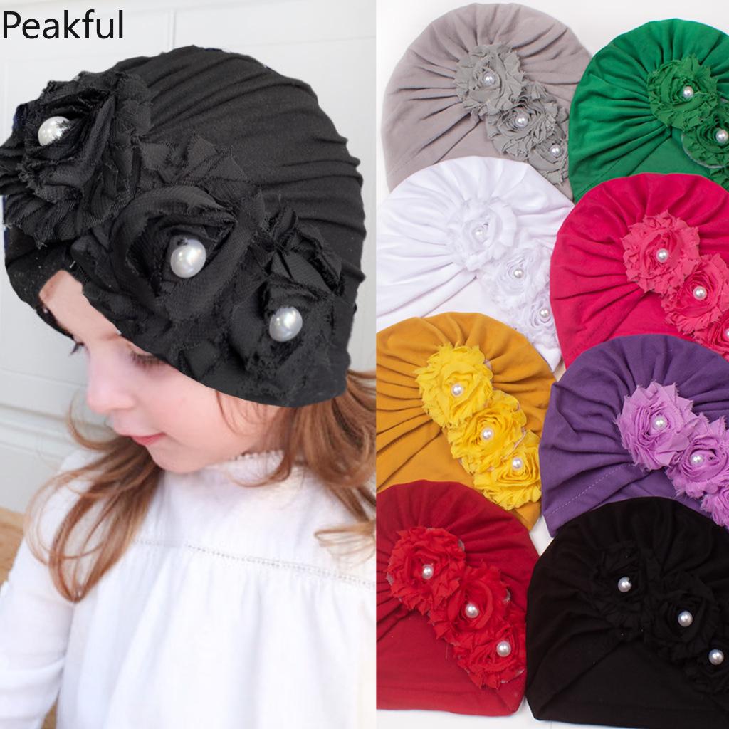 Kids Floral Pearl Decor Turban Hat, Popular Soft Cotton Baby Headwear, Elegant Toddler Headwrap, comfortable elastic design & charming flower details, great for casual outings, birthday parties and newborn photography