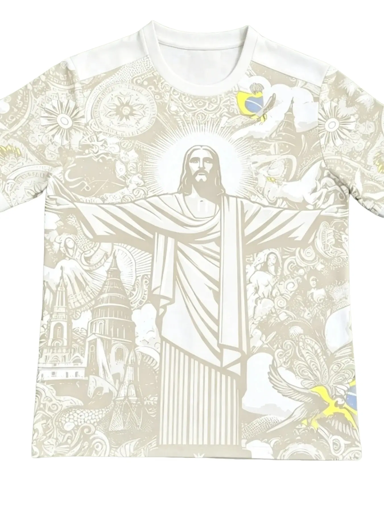 Vintage Sketch Style Rio Christ Statue Full Print Short Sleeve T-Shirt, Brazilian Landmark Mandala Pattern, Unisex Loose Fit, Quick Dry