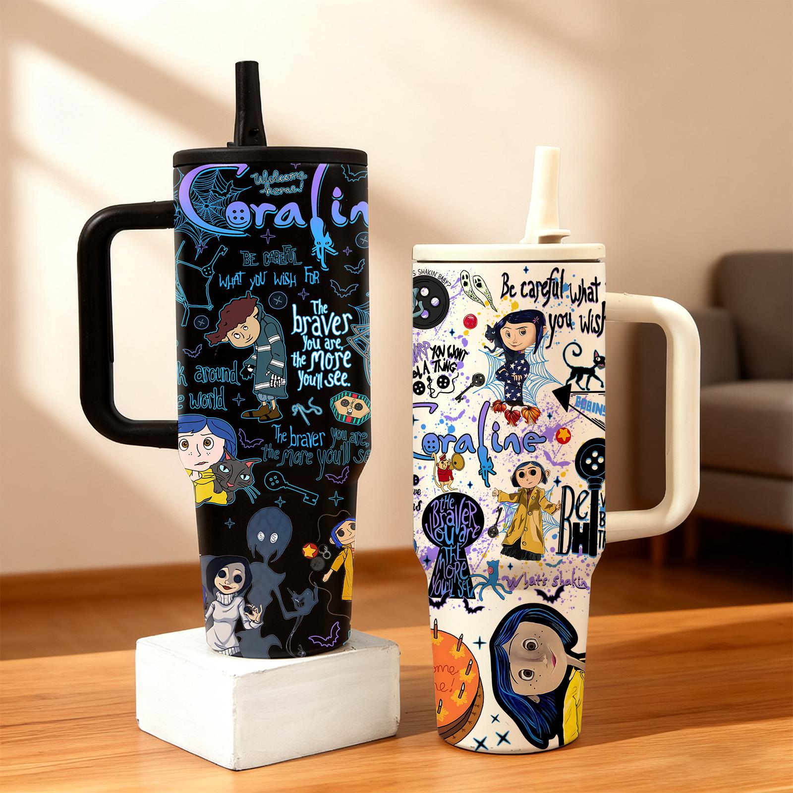 1pc 40oz Stainless Steel Tumbler with Lid & Straw, Coraline Dark Fantasy Style, Vacuum Insulated Thermal Cup, Insulated Travel Drinkware, Keep Hot 12H / Cold 24H, Creepy Cute Travel Mug, Gift for Horror Aesthetic & Animation Enthusiasts