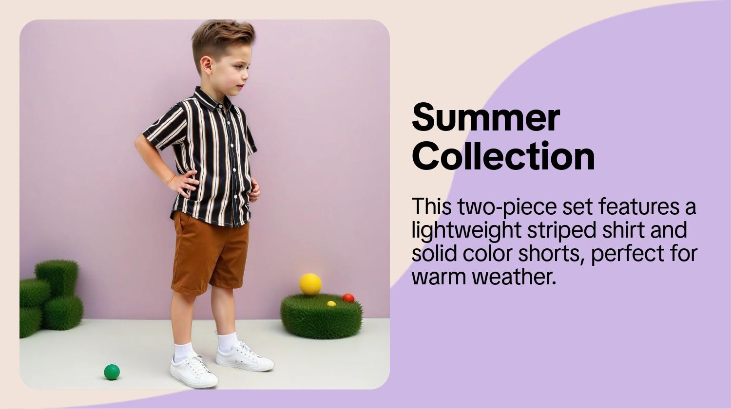 Boys' Summer Set, Striped Sets, Striped Shirt & Solid Color Shorts, Casual Wear for Vacation & Outdoor Activities, Ages 4-7