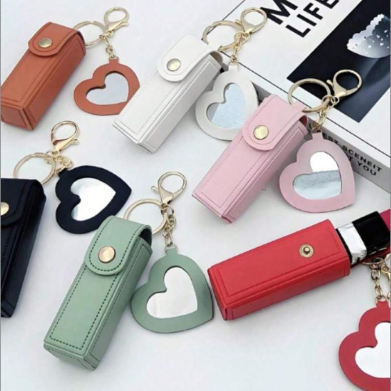 Heart-Shaped Mirror Lipstick Case Keychain Holder, Portable Pocket Makeup Stand, Travel Accessory, Gift for Family and Friends