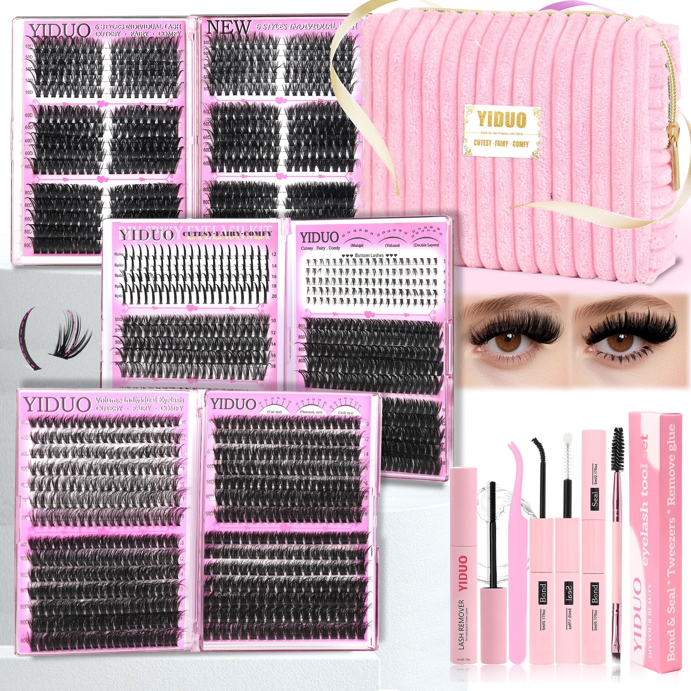 6 Styles Lash Clusters Kit Makeup Bag Kit 1868pcs Large Capacity Eyelash Extensions Volume/Mega/Full/Spikes/Bottom Lashes Clusters Kit Bulk Packs 5-20mm D Curl Wispy Individual Lash Clusters Kit with Bond&Seal DIY at Home Easily gifts DIY Eyelashes Kit