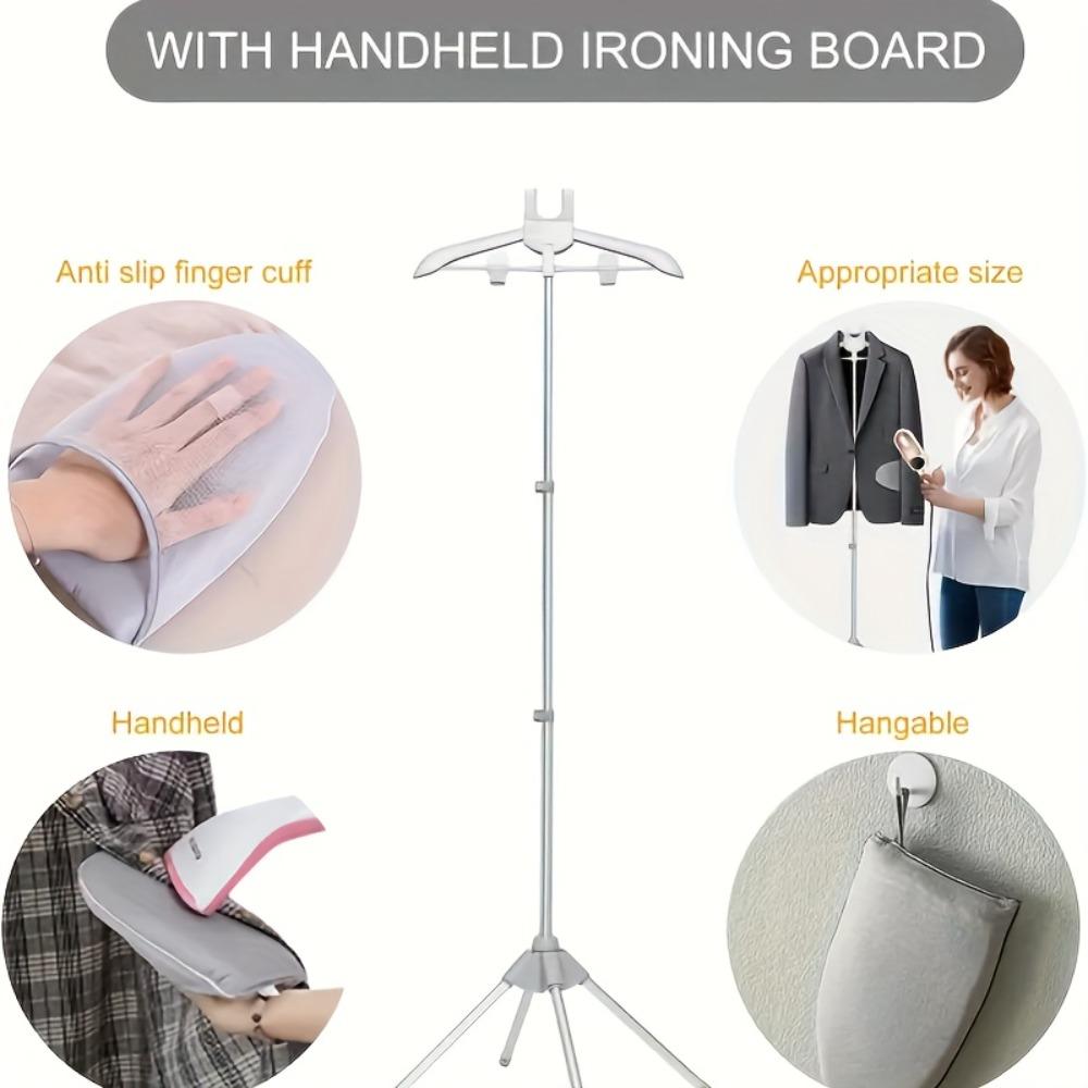 1 set includes 1 ironing hanger + 1 handheld ironing board. Retractable height adjustable, foldable for space saving and easy to carry. Thickened tube with strong load-bearing capacity, can store clothes. Suitable for home, hotel and dormitory use.