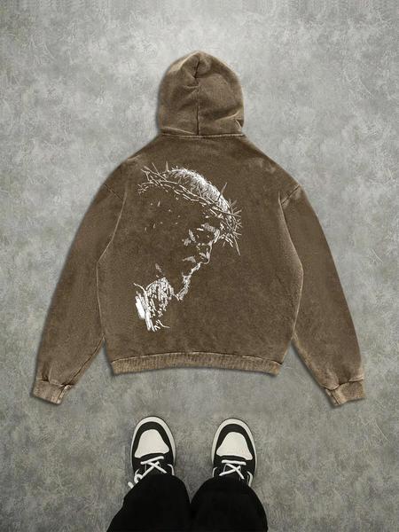 Trendy Casual Hoodie with Jesus Silhouette Print, Vintage Wash Craftsmanship, High-Quality Fabric, Loose Fit, Autumn Wear