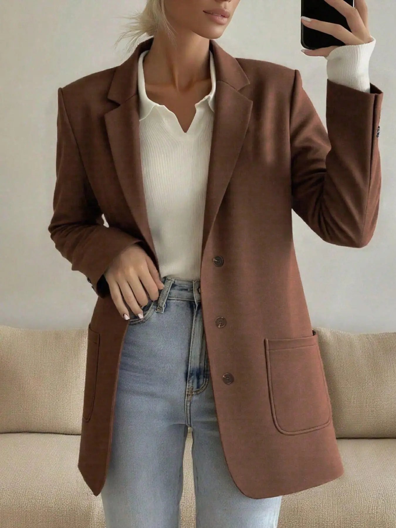 1PC Women's Blazer｜Longline Single Breasted Suit Jacket with Notched Lapel and Front Pockets｜Women's Casual Office Workwear Streetwear