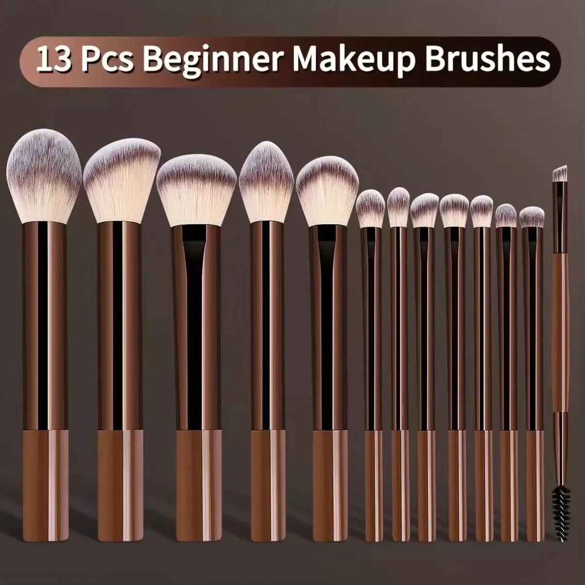 New Makeup Brush Set with 2 Leather Cases and 2 Beauty Sponges, 14 Animal Hair Brushes, Essential Daily Makeup Tool, Makeup Brush Kit