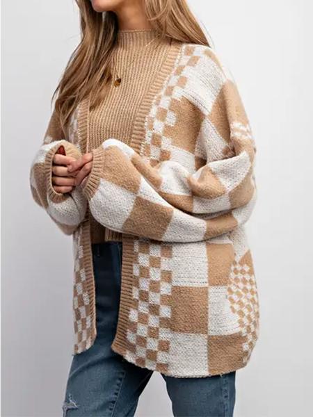 Plus Size Women's Plaid Patchwork Knit Dress, Casual Loose-Fitting V Neck Sweater, Fall & Winter Fashion, Thick Fabric, Knitwear