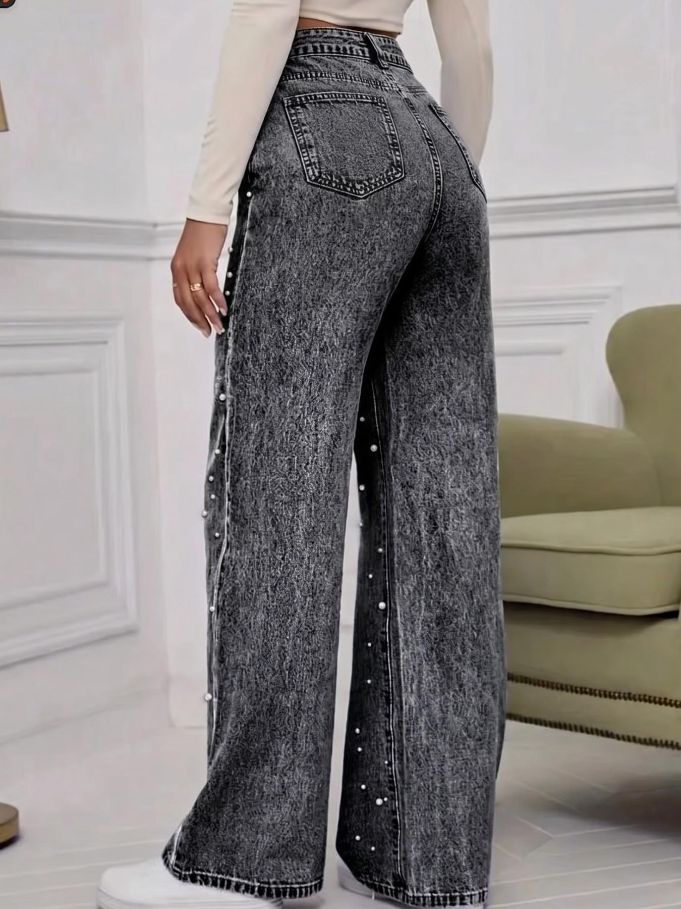 Mid-Rise Baggy Straight Leg Jeans with Pearl Embellishment, Snow Wash Denim Pants for Women, Vintage Slimming Casual Streetwear, Trendy Summer Bottoms, Elegant Chic Style, All Season Comfort, Everyday