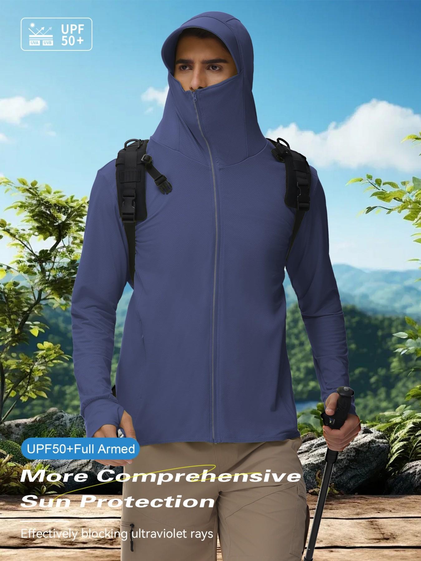Men's Ice Silk Hooded Sun Protection Jacket, Full Face UV Shield, Breathable Quick-Dry, Outdoor Hiking Climbing Running Cycling Sports Coat