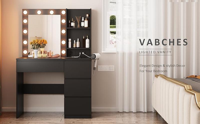 Vabches Makeup Vanity with Lights, 37inch Vanity Desk with Power Strip, 4 Drawers Makeup Table with Lighted Mirror, 3 Lighting Colors, White