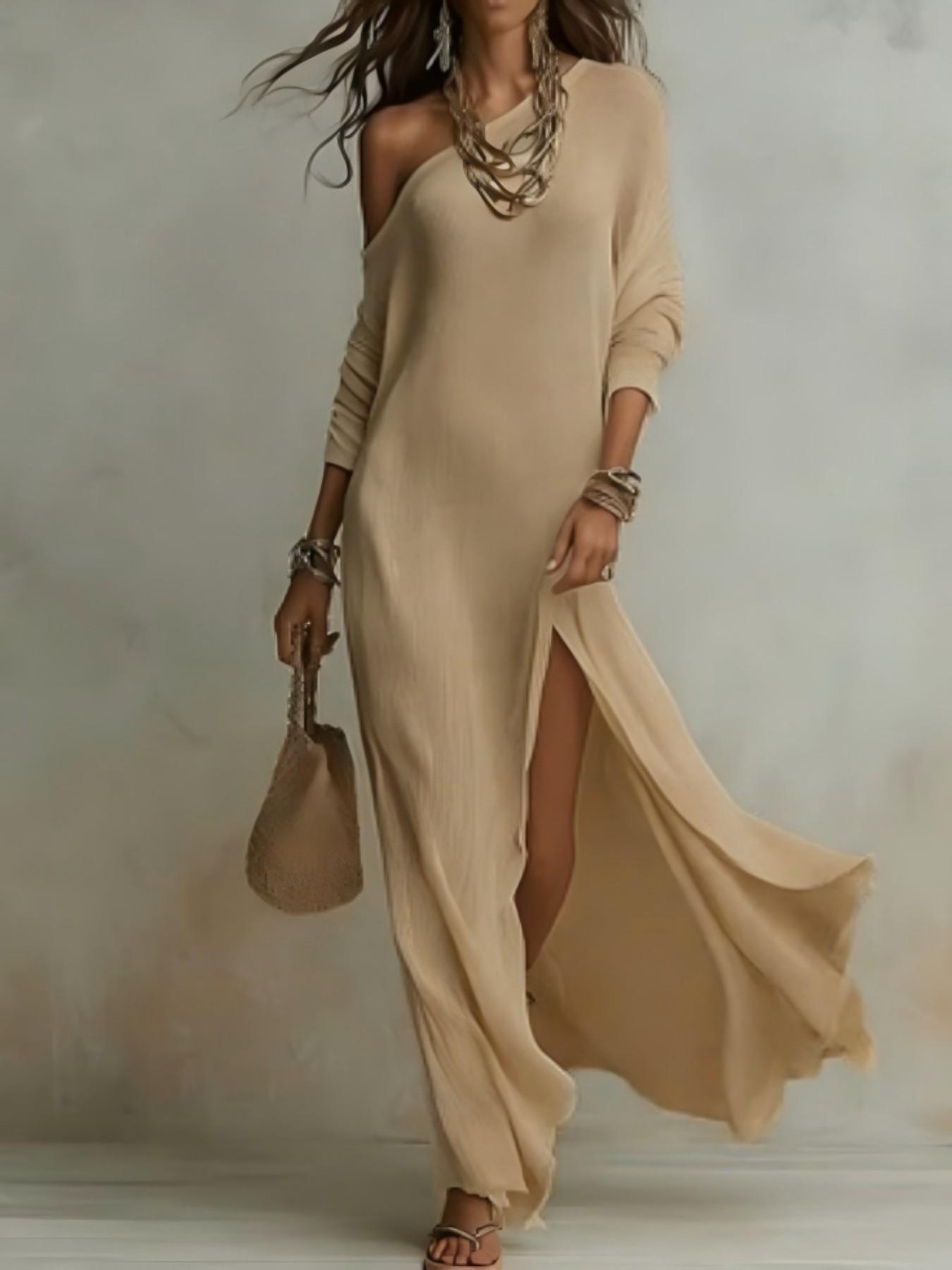 Elegant Chic Asymmetrical One-Shoulder Long Dress for Women, Summer Beach Vacation Style, Split Design, European and American Fashion, Elegance