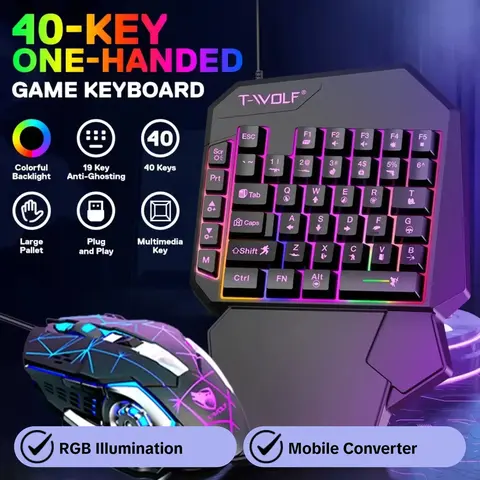 2-In-1 Half-Hand Wired Mechanical RGB Keyboard & Mouse Set, Wired Mechanical RGB Illuminated Keyboard with Wrist Rest, Mobile Converter for Android iOS, Lighted Gaming Keyboard, Gaming Setup Accessories, Gaming Stuff