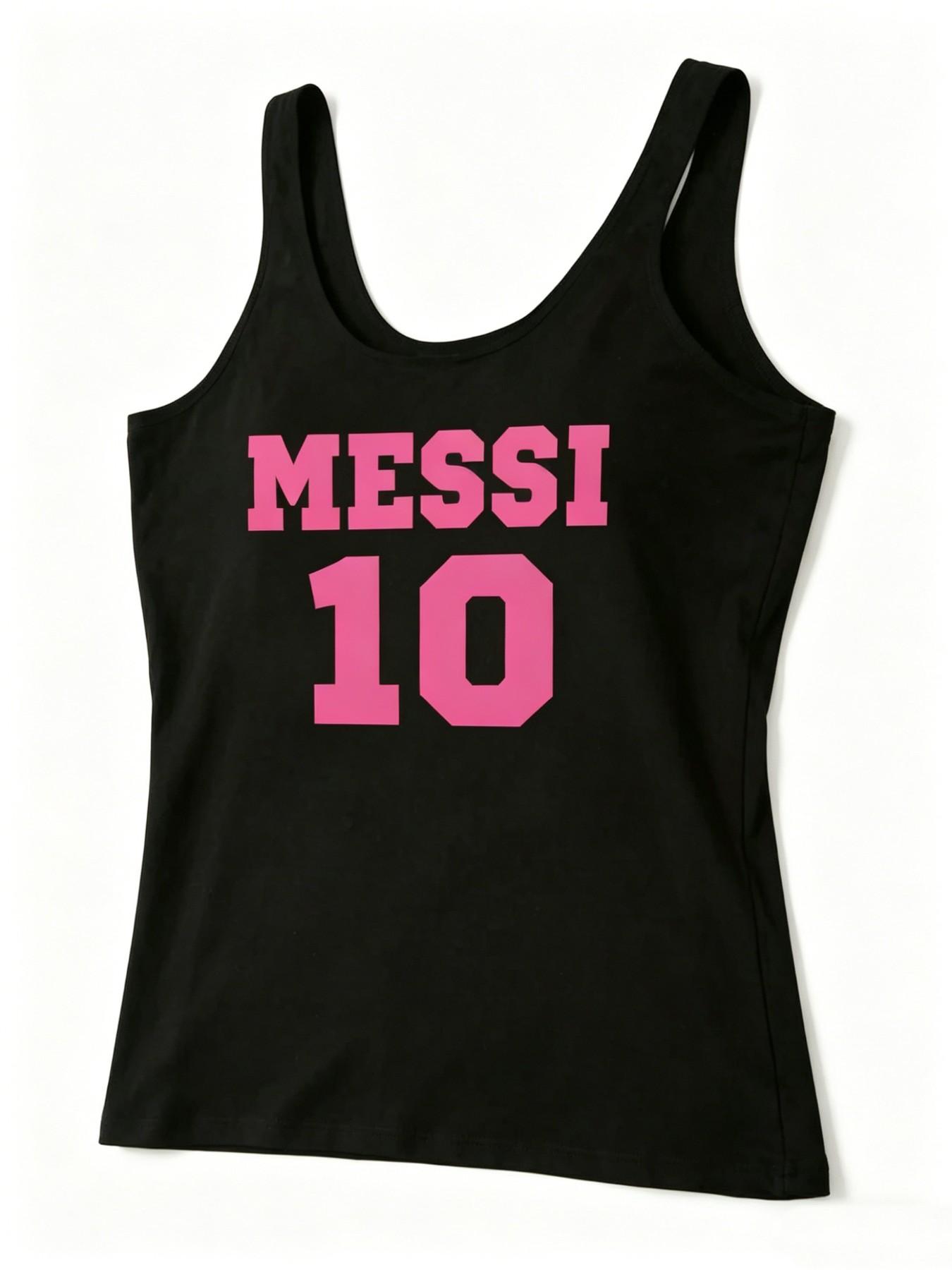 Lionel Messi 10 Graphic Tank, Football Fan Summer Racerback Top, Casual Fitted Tank Top, Letter Pattern, No Button, Non-Full Placket