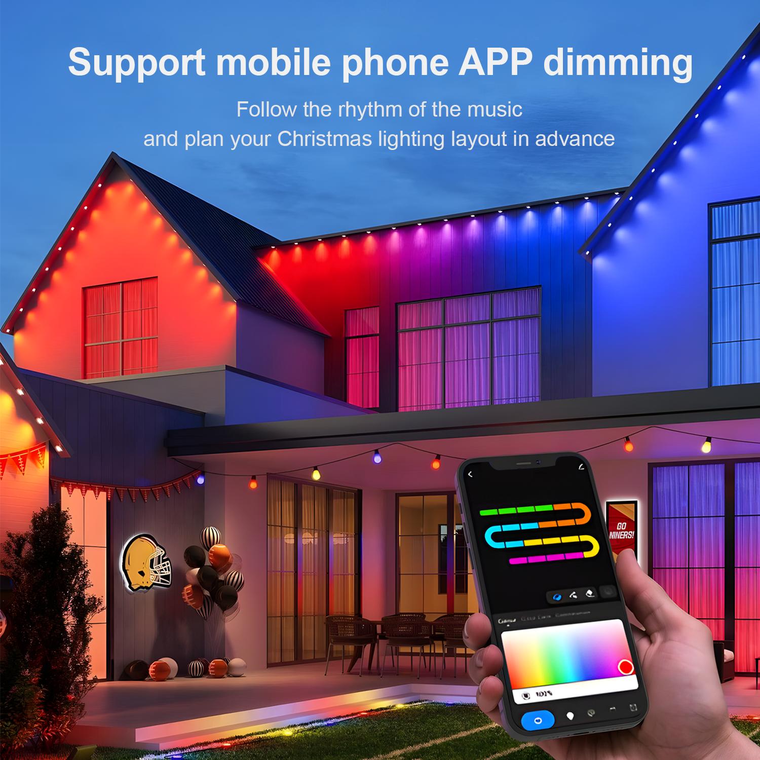 GALENTAL Permanent Outdoor Eaves Lights, Outdoor Lighting With RGB IC,  Holiday Decorations for Party, Music Rhythm , Remote Control & Bluetooth APP Link, IP67 Waterproof, 50/100 Feet Length, Ideal for Festival and Daily  Decor