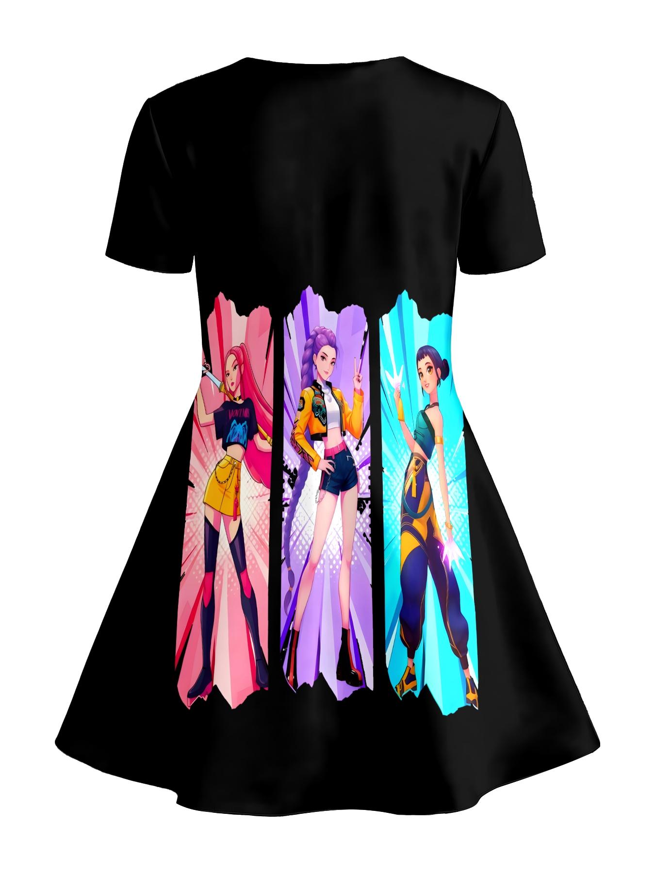 Trendy Idol Style Cartoon Girl Print Kids Dress, Girls Summer Short Sleeve Pleated Skirt, Baby Personalized Versatile Dress