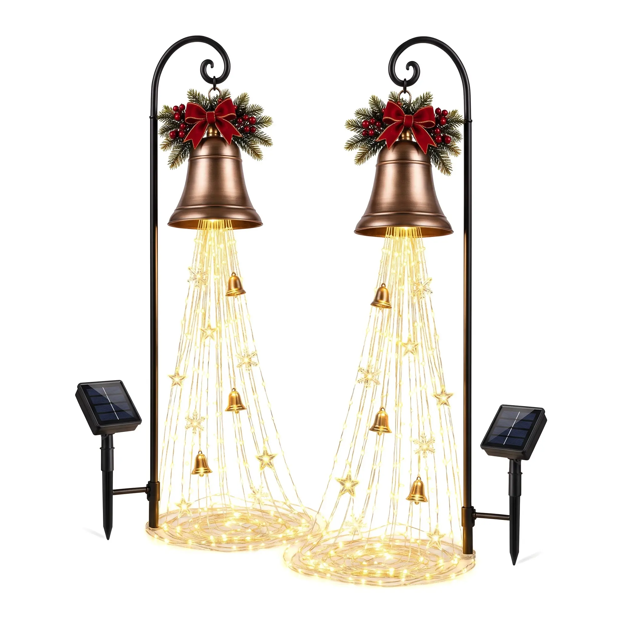 Solar-powered Christmas stake lights, waterfall-style string lights, Santa Claus, snowman, and bell-shaped decorations, front porch decor, winter wonderland-style holiday yard ornaments, "magic fountain" fairy light strings.