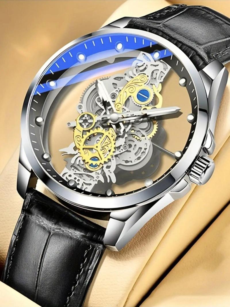 Men's Casual Sportive Glow in the Dark Analog Watch with Round Dial, Elegant Trendy Wristwatch for Business & Daily Use As Gift with Box for Men, Skeleton Watches, National Day Offers