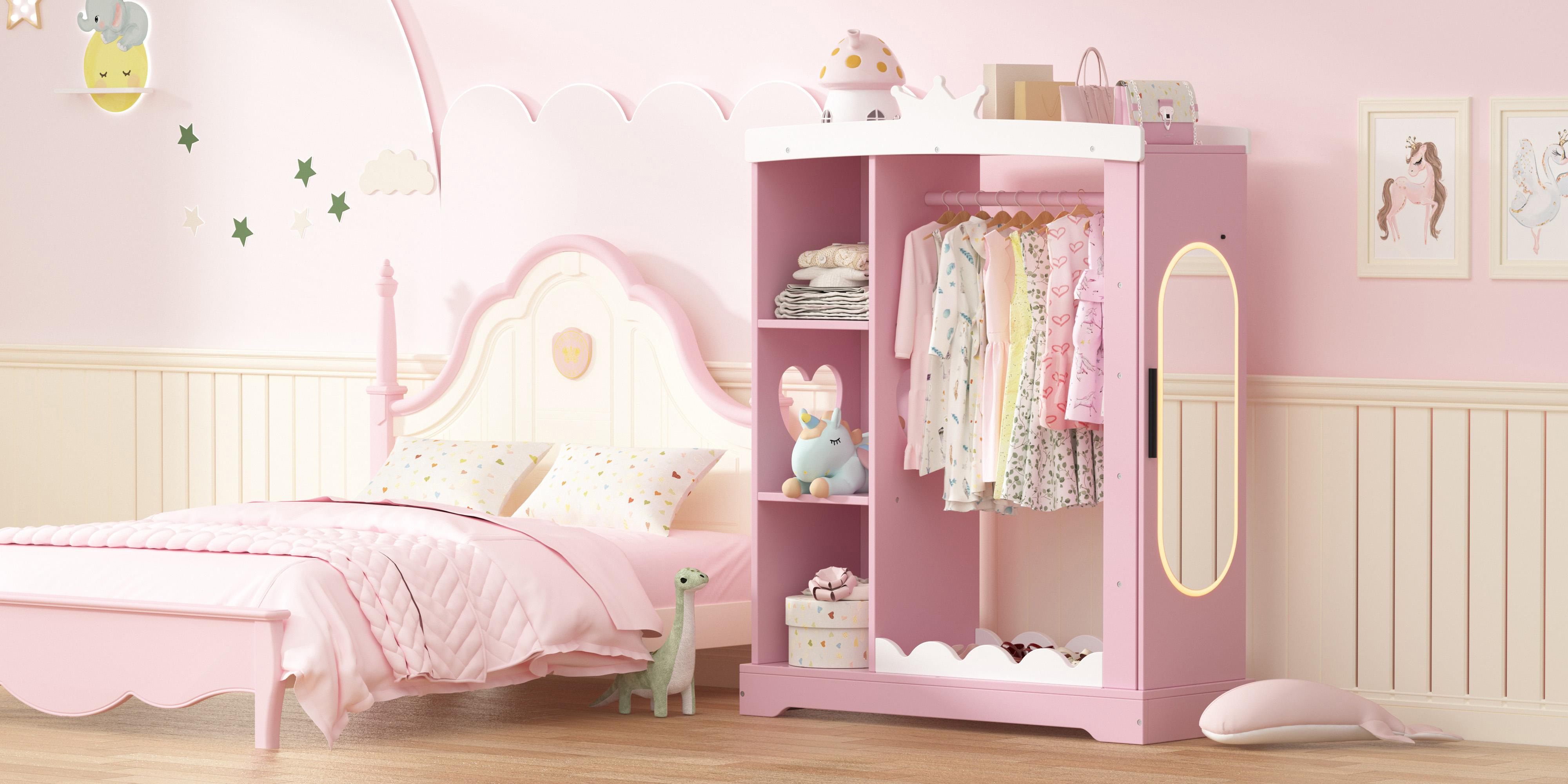 Topwin Kids Armoire with Jewelry Cabinet, Full-Length Lighted Mirror, Dress up Storage with Mirror and Shelves, Princess kids wardrobe, Pink & White