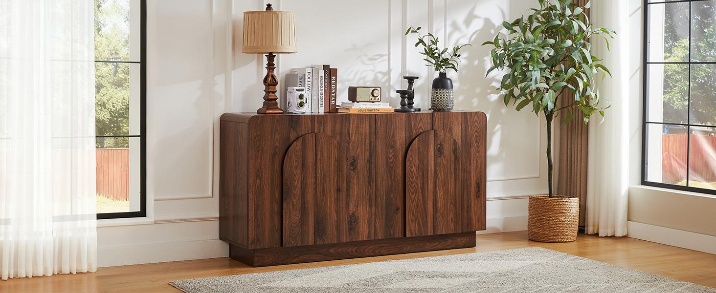 ONBRILL 31.5”/60“ Sideboard Buffet Cabinet with Storage, Farmhouse Curved Design Accent Cabinet with Doors & Adjustable Shelves, Modern Coffee Bar Credenza for Living Room, Kitchen, Hallway