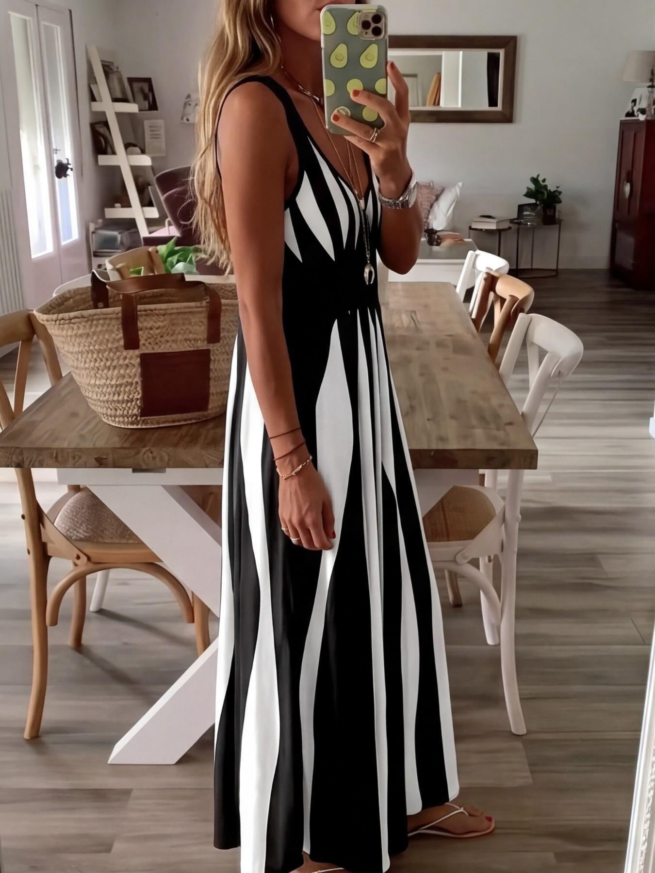 Summer New Arrival Women's Casual Sleeveless Striped V-Neck Long Dress, Casual Dresses, Casual Chic Dress, Sweet Style Elegance Loose-Fitting Daily Wear, Perfect for Outdoor Activities