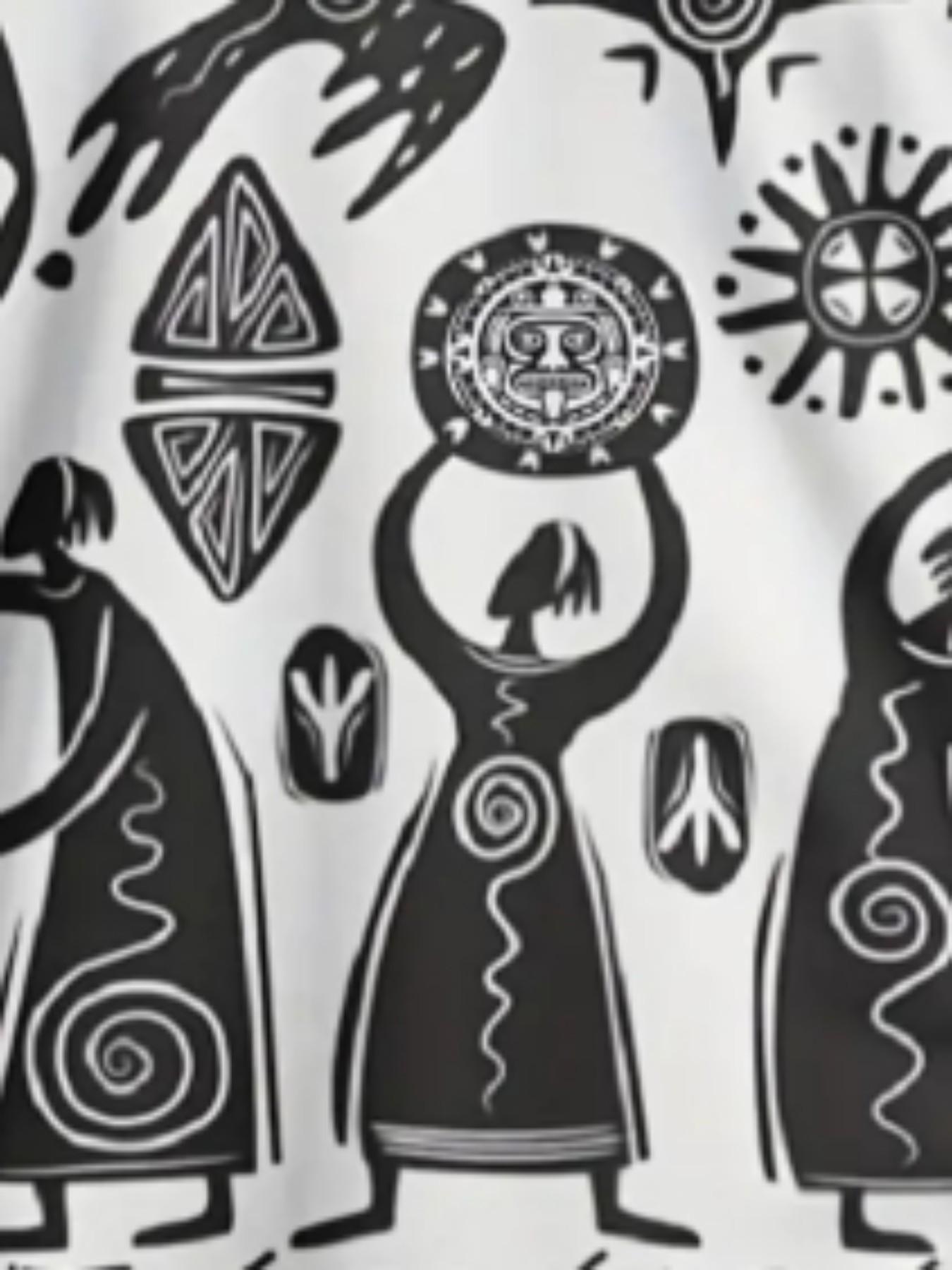 Men's Mexican Aztec Tribal Symbol Sport T-Shirt, Ethnic Street Round Neck Short Sleeve Top, Loose-Fit Geometric Pattern, All Seasons