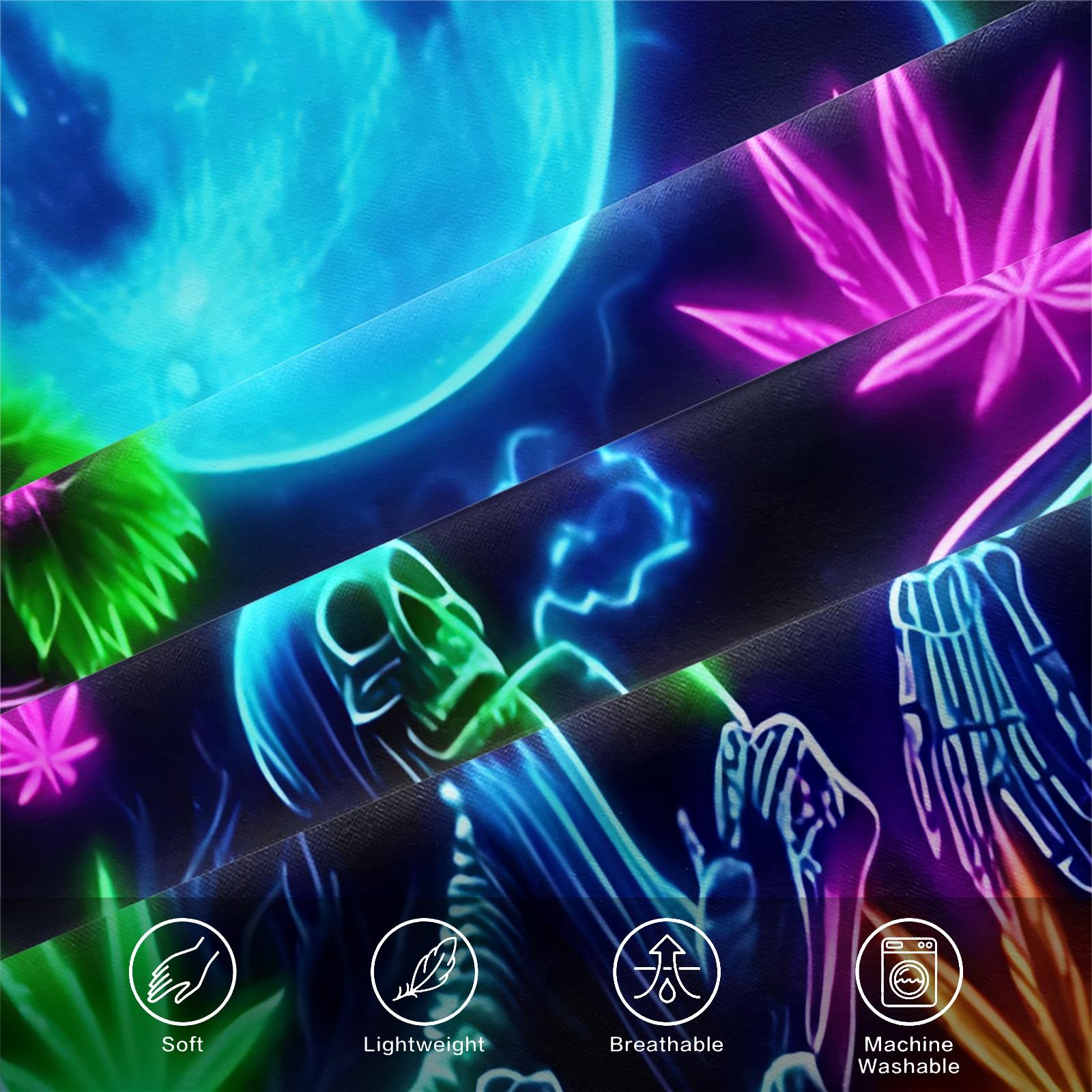 3pcs Psychedelic Fluorescent Skull Alien Pattern Fitted Sheet Set, Skull Fantasy Forest Full Moon Element Bedding Set. With Bright and Bold Colors.Made of Soft Microfiber Material, Includes 2 Pillowcases, Not Include Pillow Inserts, Bed Sheets