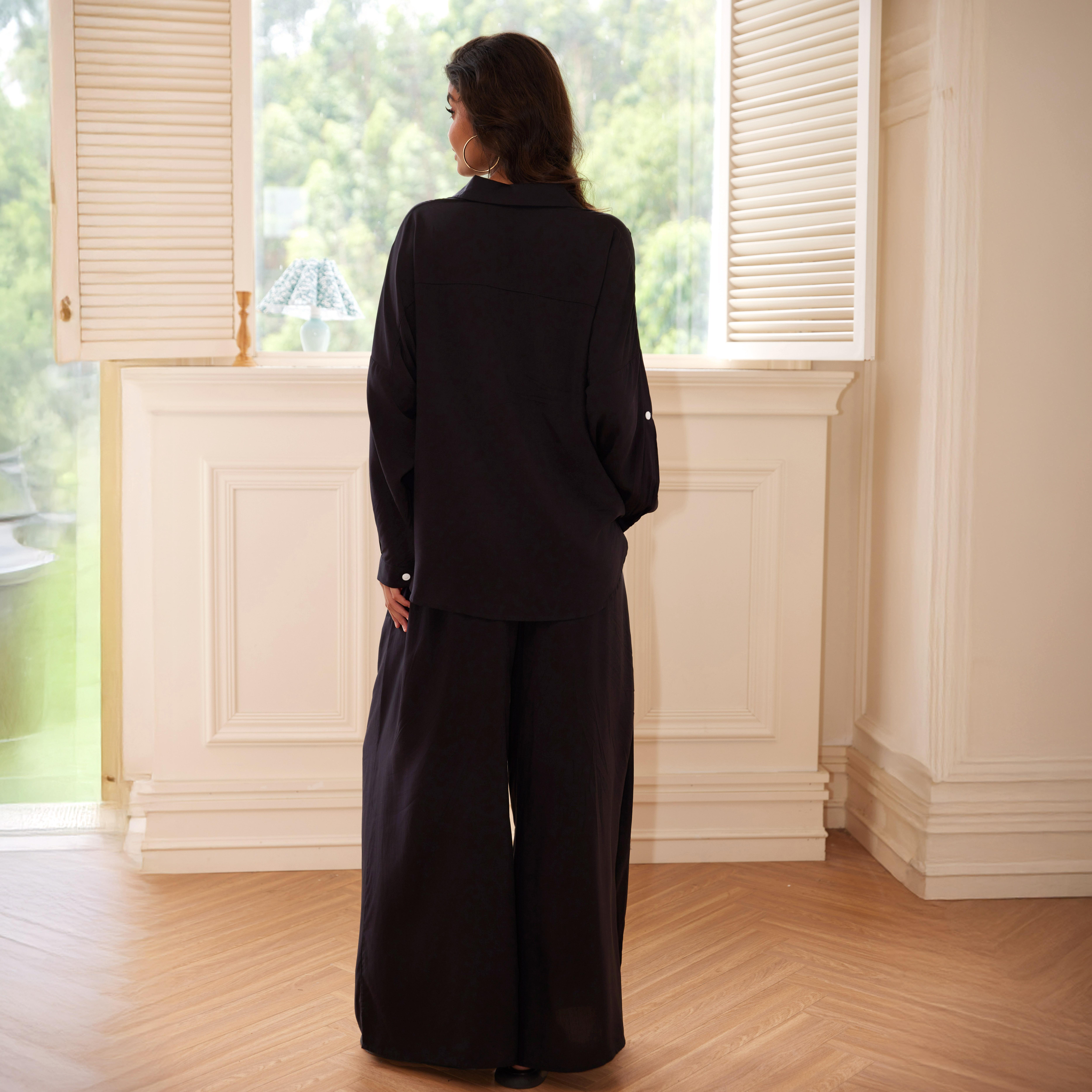 Joyfunear Women's Button Down Shirt & Wide Leg Pants Loungewear Set 2pcs Drop Shoulder summer women set long Pants