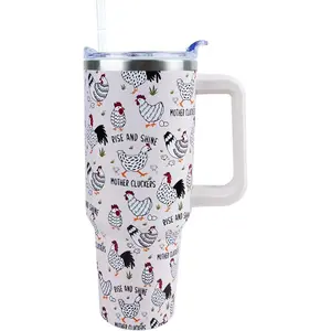 40 oz Tumbler with Handle and Straw Lid Leak Proof - Chicken and Rooster Design Coffee Travel Mug with Handle Insulated for Hot Cold Ice - Mother's Day Birthday Gifts for Women Mom Mother
