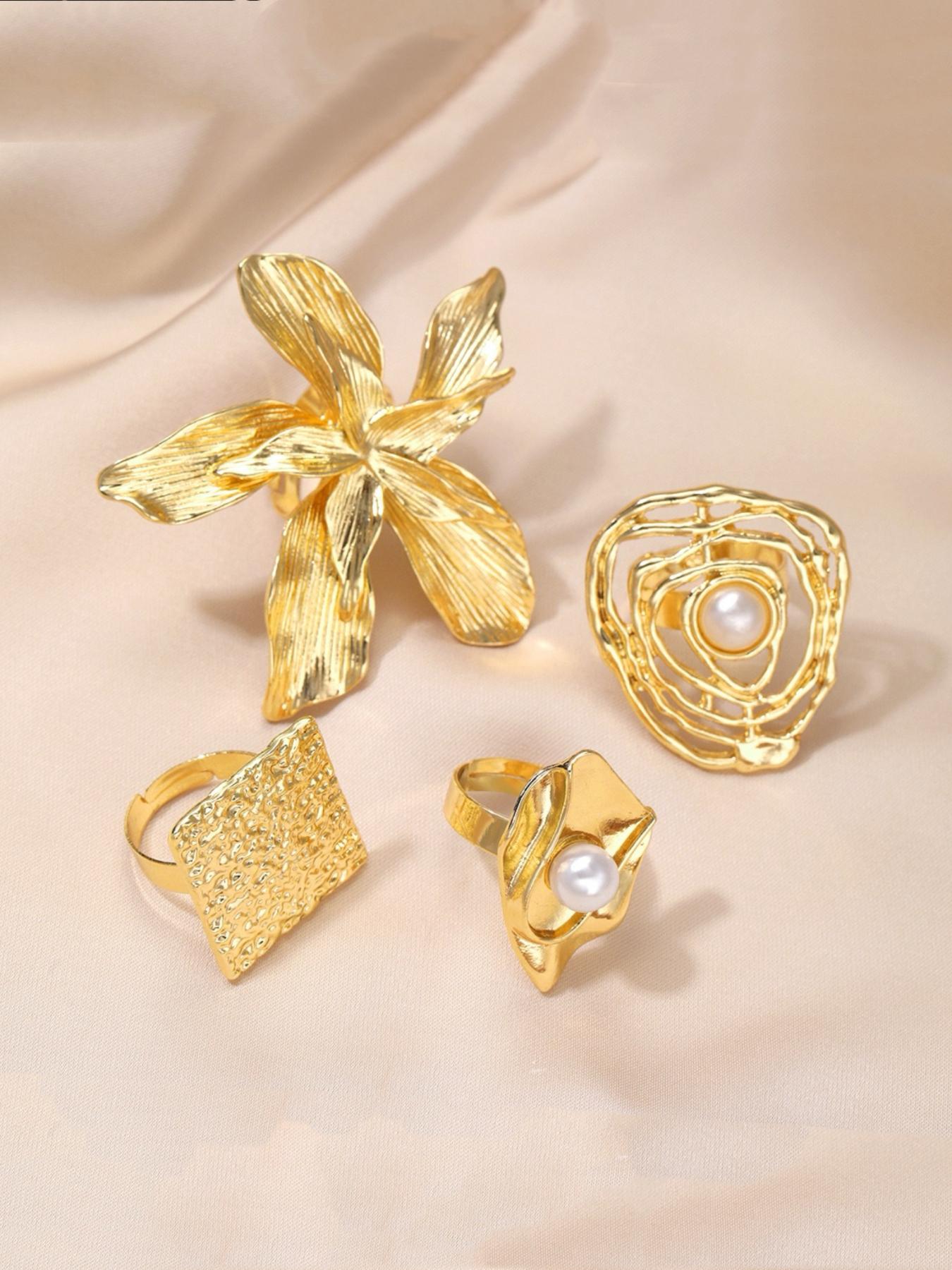 Elegant Floral Imitation Pearl Ring Set, Zinc Alloy Wide Band Women's Rings, Statement Multi Ring, All-Season Jewelry Gift for Parties & Birthdays