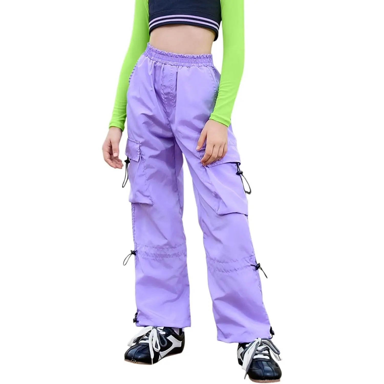 Cargo Pants for Girls Hip Hop Dance Metallic Y2K Neon Drawstring Parachute Wide Leg Jogger 4-13Y