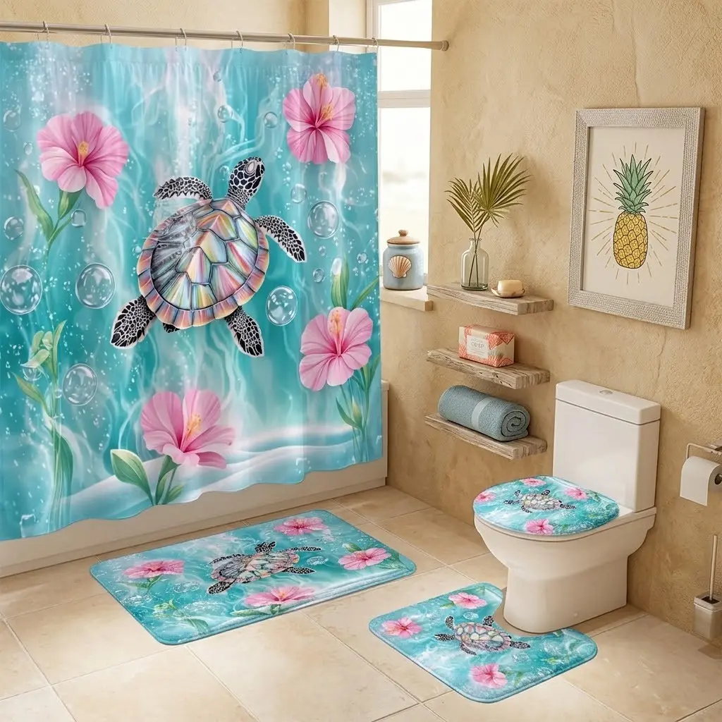 4pcs Tropical Ocean Sea Turtle Hibiscus Flower Shower Curtain Set, Elegant Bathroom Decor, Coastal Nature Theme, The floor mat fabric is thicker and softer! Summer Holiday Home Decoration