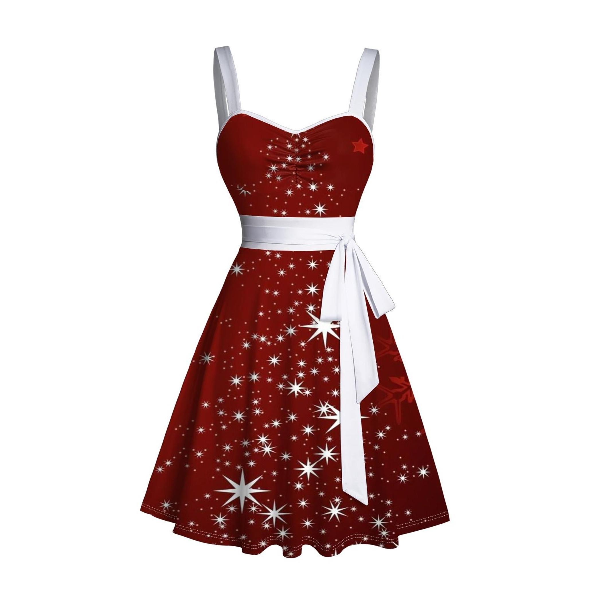 Women's Christmas Snowflake Print Belted Mini Dress Short Sleeve Button Up Matching Outfit