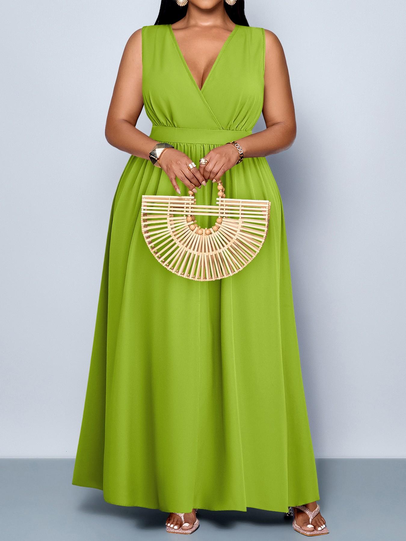 Plus Size Women's Elegant Sexy Casual Sleeveless High Waist A-Line Dress, Spring Summer Plain Color Plus Size V Neck Fitted Dress Womenswear