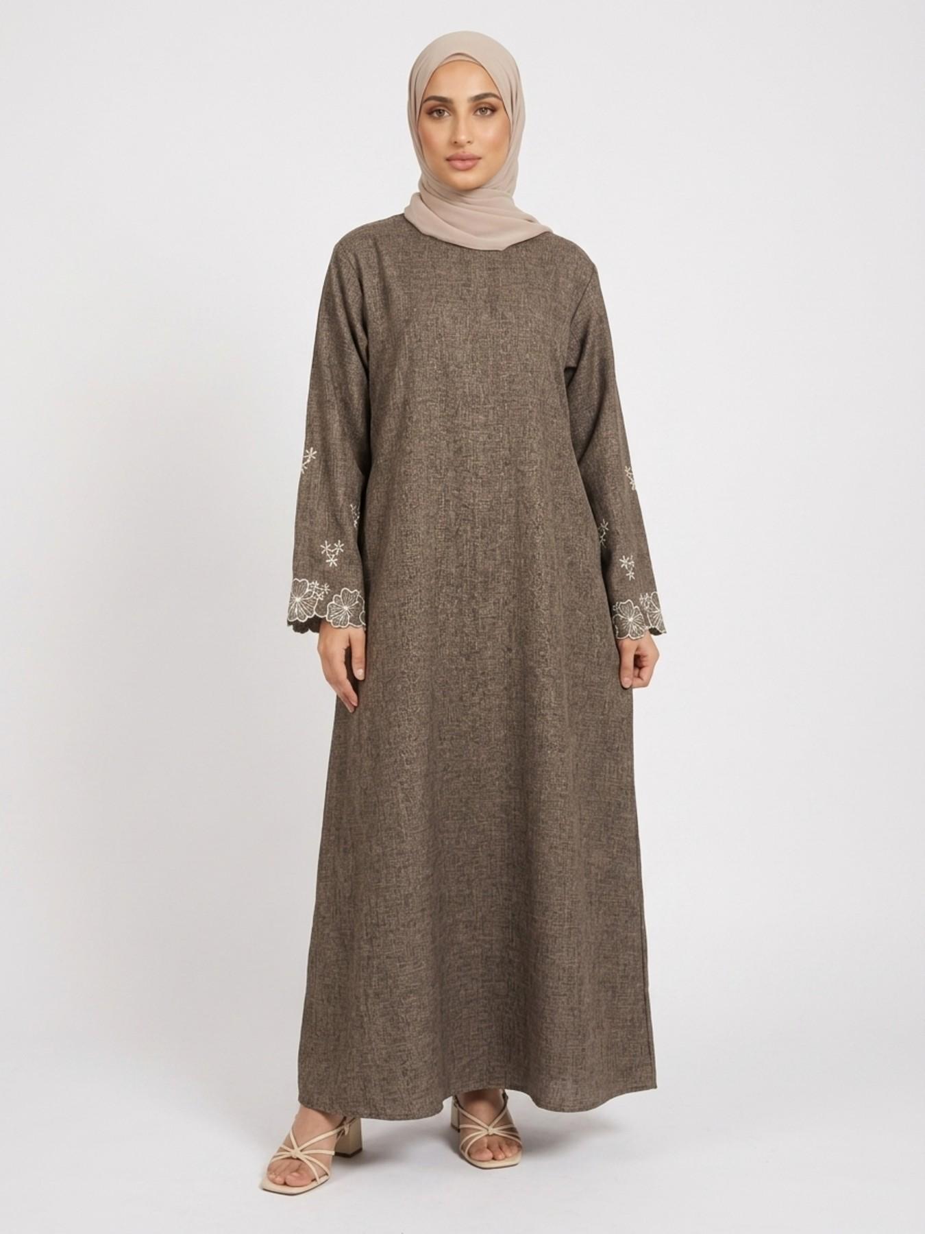 Elegant Embroidered Abaya Maxi Dress, Linen-Like Fabric, Pockets & Belt Included, Perfect for Special Occasions, Women's Fashion Muslim Clothing, Islamic Modesty Clothes