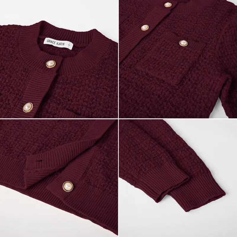 【GRACE KARIN】Classical Women's Thick Fabric Open-Front Button-Down Long-Sleeve Textured Knit Cardigan with Pockets, Crew Neck Women's Clothing Knitwear for Work Party