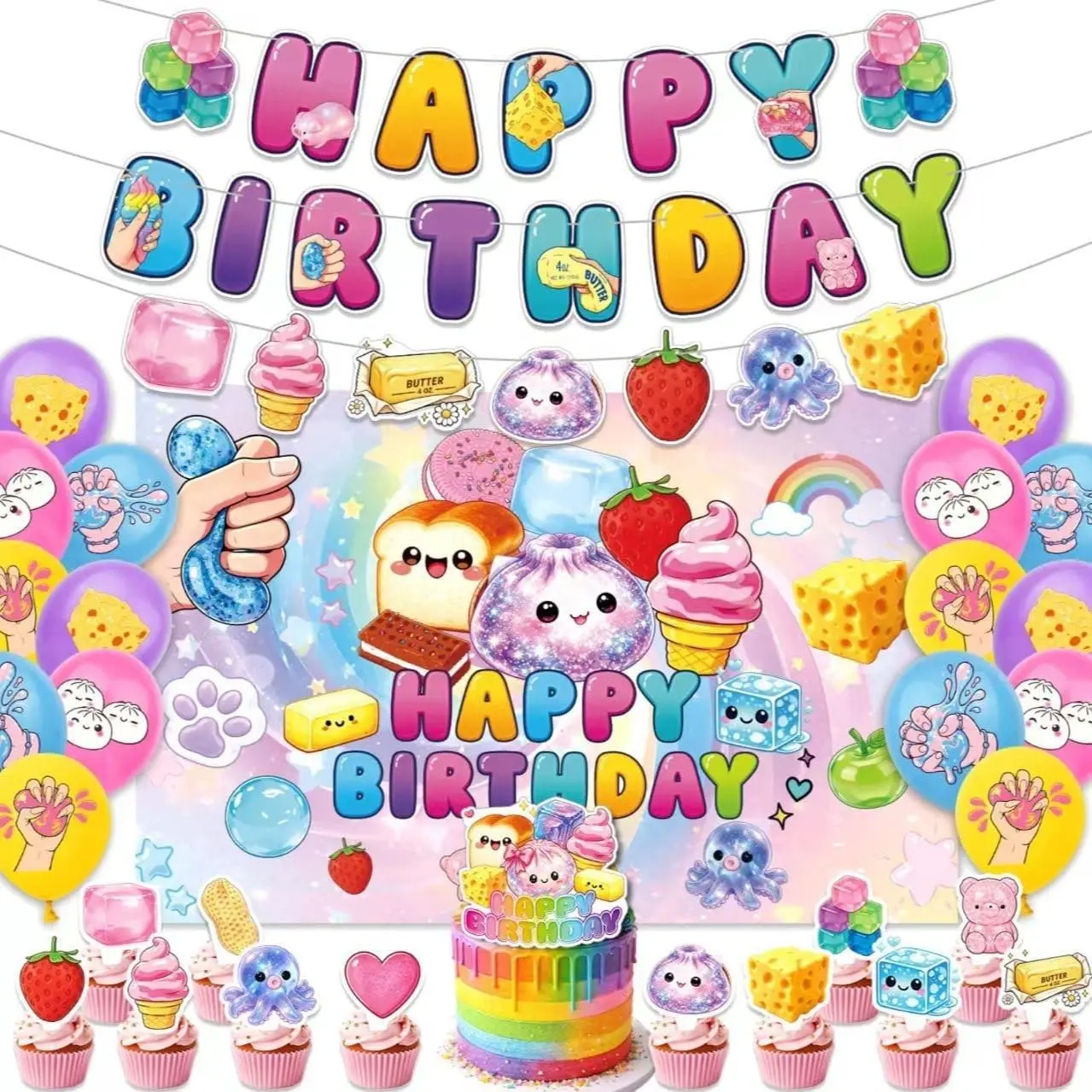 Squishy Birthday Party Decorations - 33 Pcs Squishy Party Supplies with Backdrop, Banners, Balloons, Cake & Cupcake Toppers for Fidget Sensory Birthday Party Decor, Serve 12