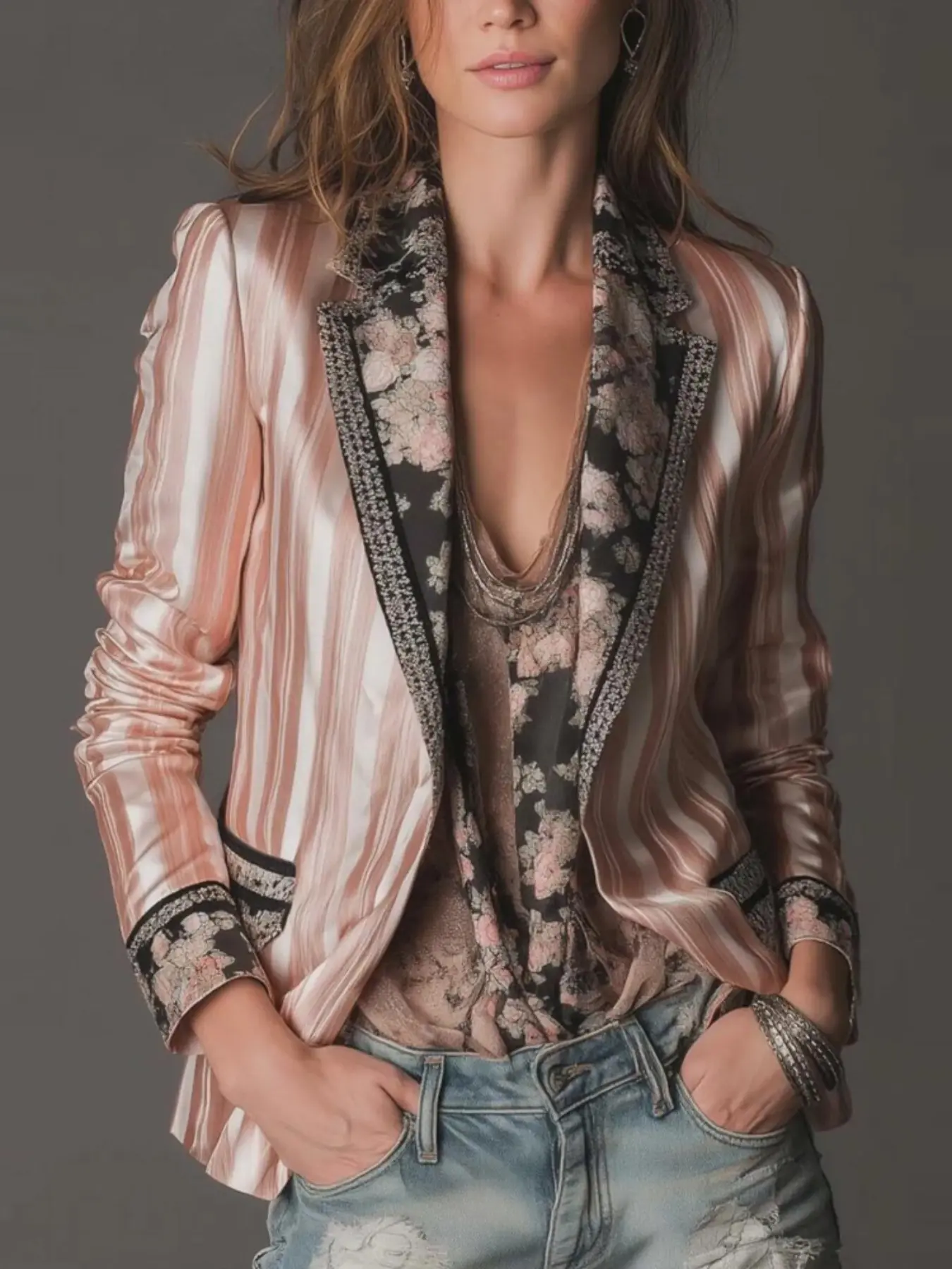 2026 Fall Winter Women's Bohemian Style Colorblock Striped Suit Jacket, Long Sleeve Vintage Elegant Outerwear, Fashionable Top Without Zipper