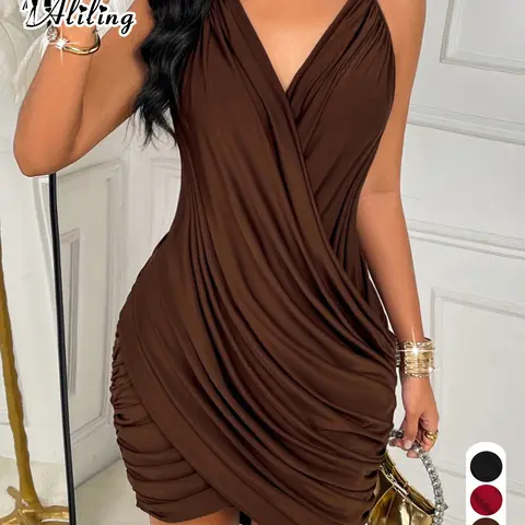 Aliling Women Solid Color Mini Dress, Halter V Neck Sleeveless Folds Fitted Waist Bodycon, Elegant Formal Wear for Dinner and Cocktail Female Clothing for All Season Wear