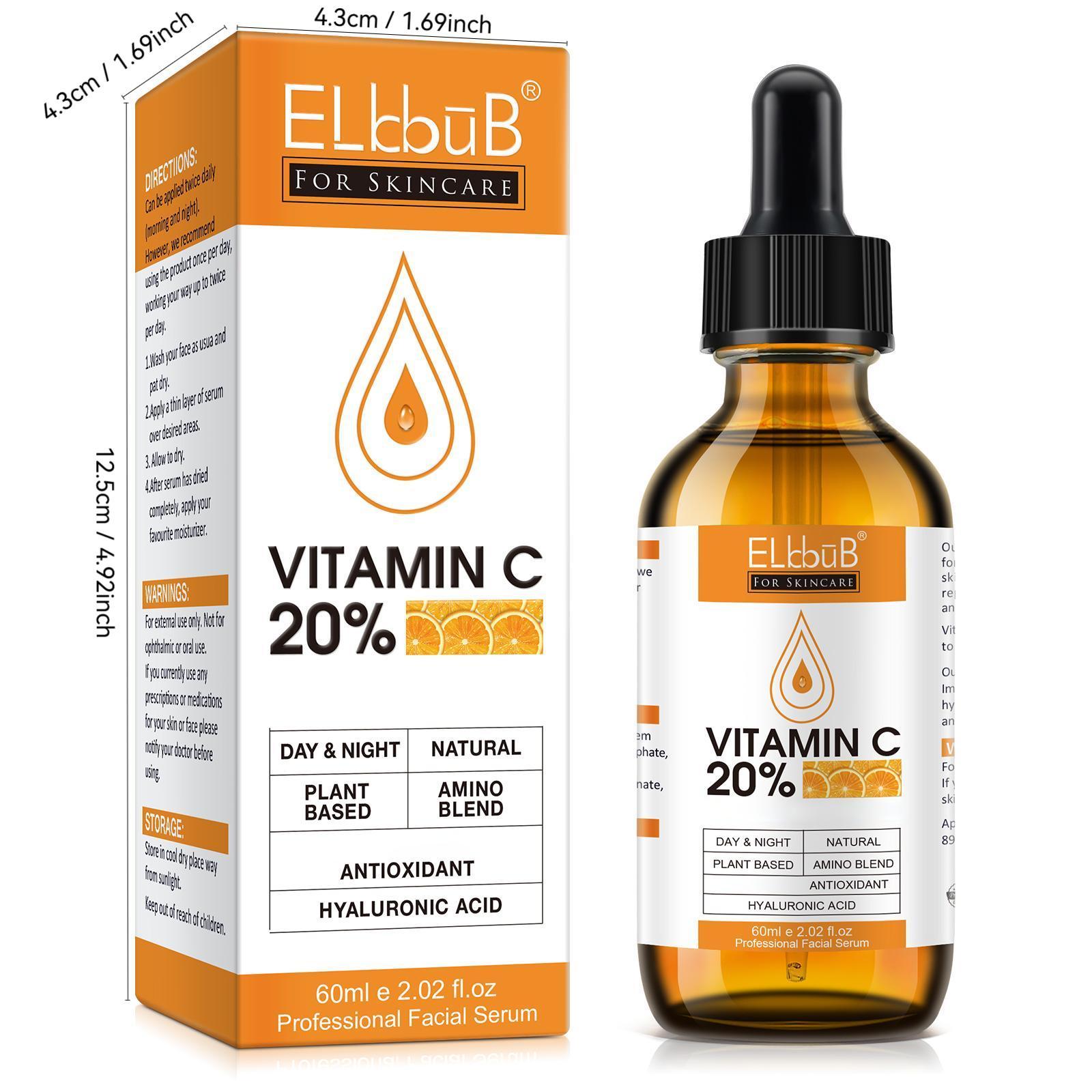 Elbbub Vitamin C Facial Serum 60ML, Stable VC Derivative, Inhibits Melanin, Brightens Skin, Reduces Acne Marks, Gentle Whitening, Non-Irritating