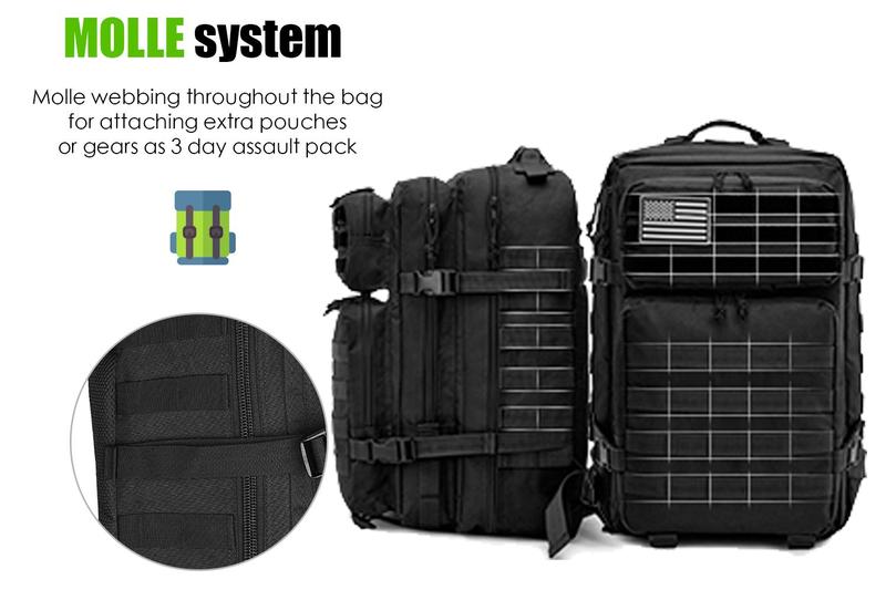 Military Tactical Backpack Large 3 Day Assault Pack 40L Molle Bag for Men Waterproof High-Density Fabric with USA Flag Patch Versatile Multi-Compartment Design for Hiking Daypacks, Gym Sports Bag, Travel, Fishing