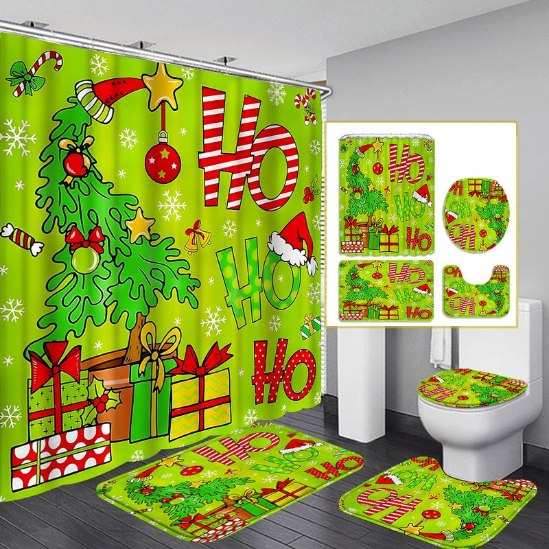 4pcs Green Christmas tTree Shower Curtain Set, Bathroom Partition Curtain, Modern Home Curtain Decoration Housewarming Gift, Bathroom Decoration Accessories, Shower Curtain and Toilet Mat Three-Piece Set with 12 Shower Curtain Hooks