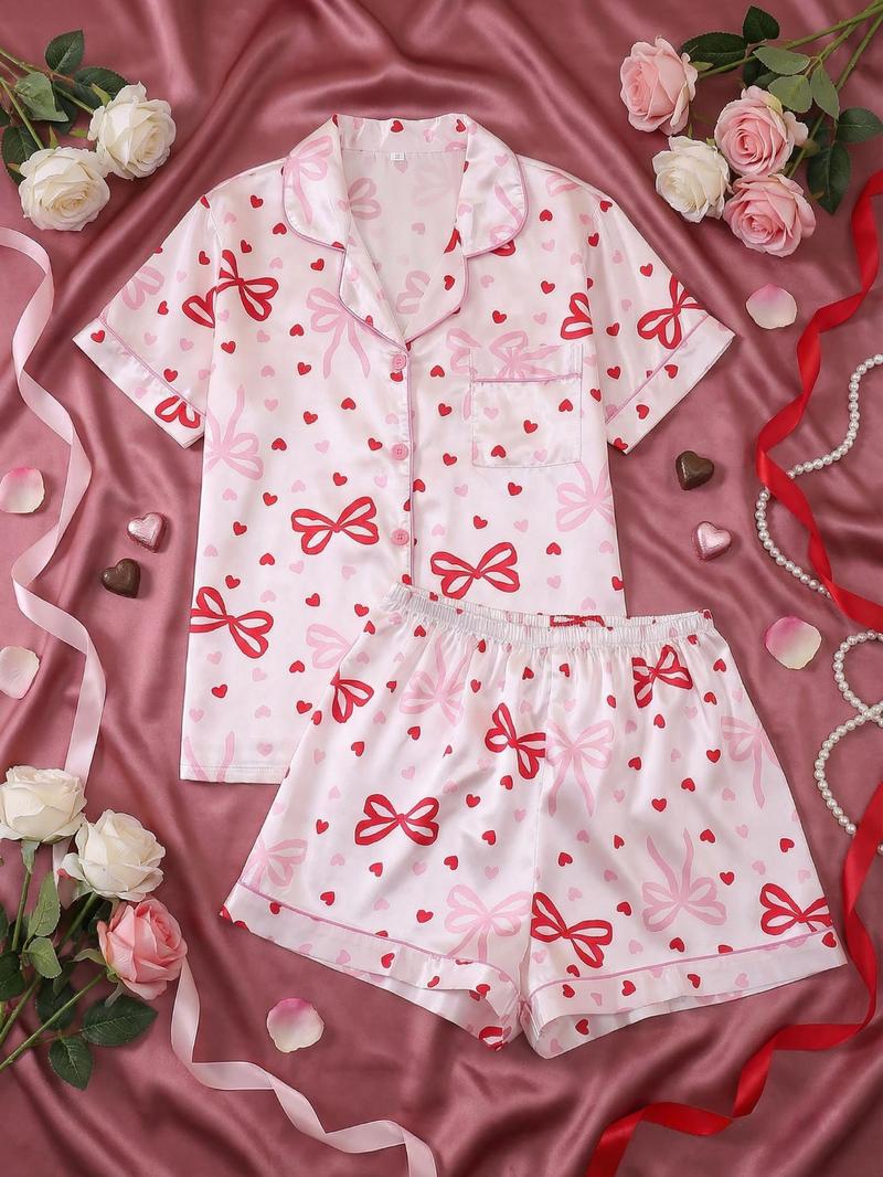 Valentine's Day Butterfly Heart Print Sleepwear Set, 2-Piece Women's Pajamas, Button Front Short Sleeve Top and Elastic Shorts