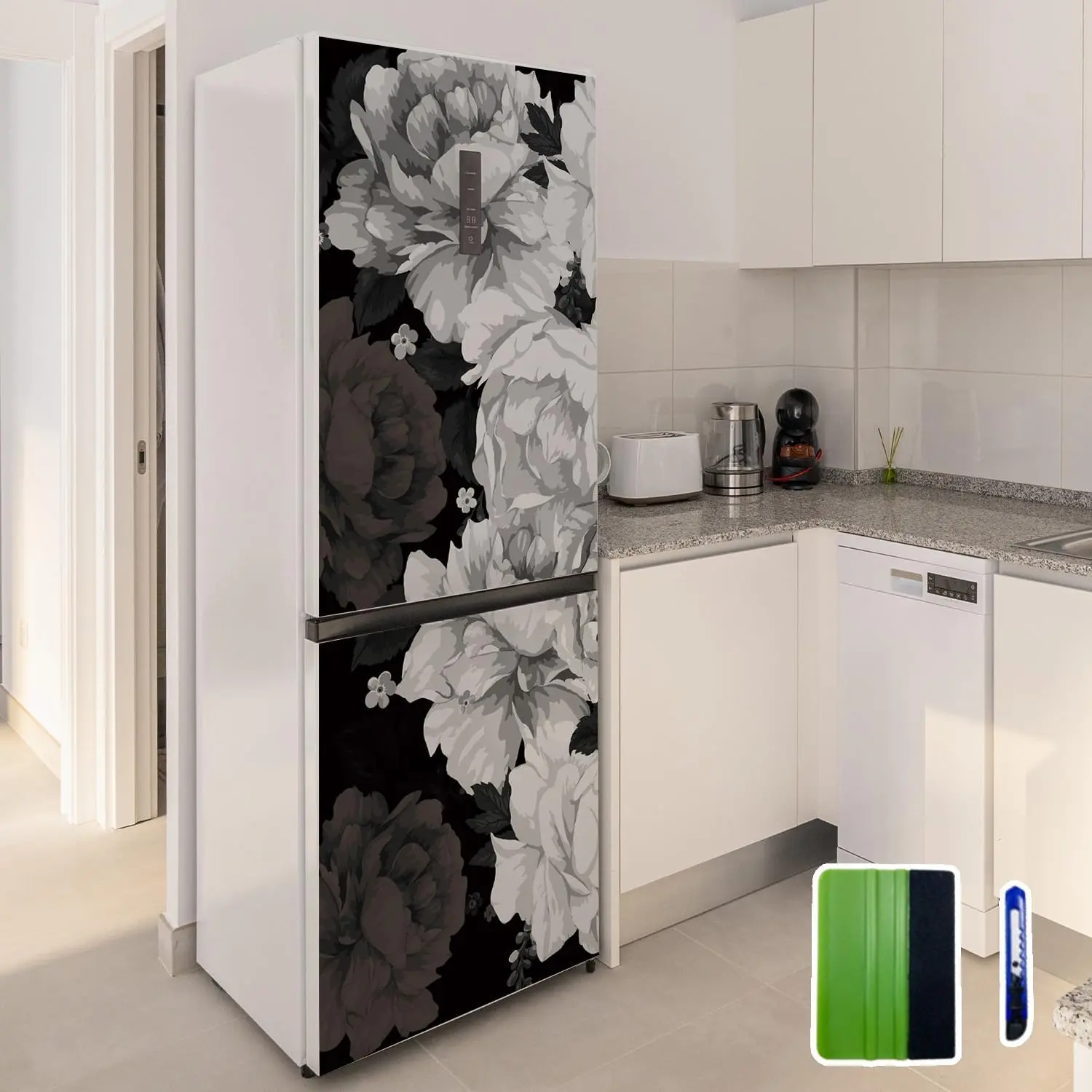 Refrigerator Floral Cover Skin Peel and Stick Wallpaper Fridge Vinyl Wrap for Living Kitchen Decor, Black and White Peony