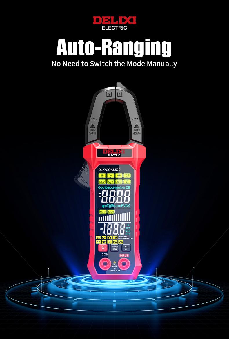 DELIXI Electric Clamp Meter Multimeter 6000 Count Auto-Ranging Voltage Tester, DLX-COA8320 AC/DC Voltage & AC Current, Non-Contact Voltage Testing, Temperature Continuity Resistance Diode Measurement Meter with Storage Bag