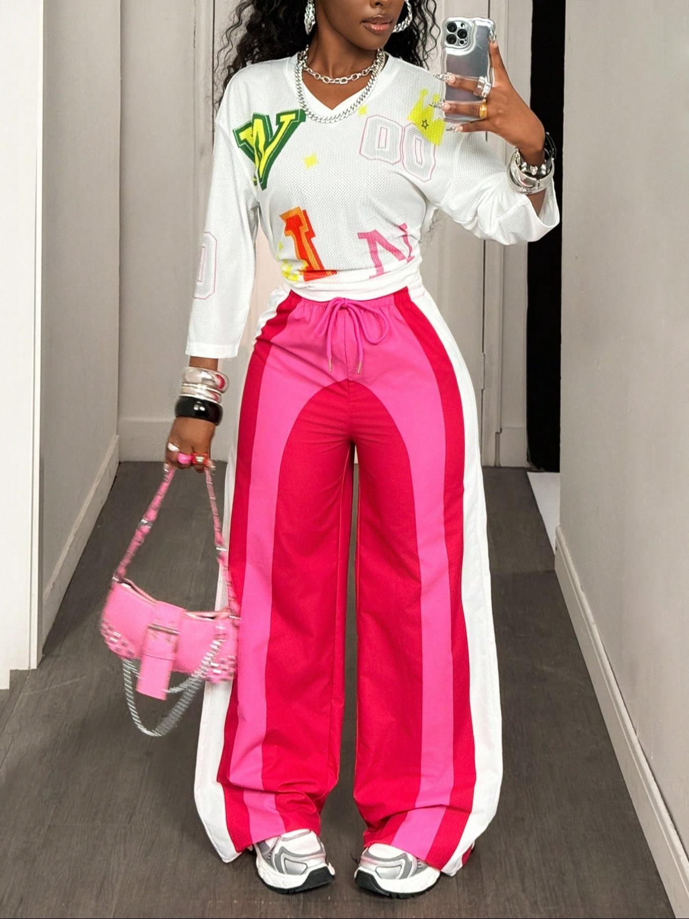 Women's Fashion Summer Thin Colorblock Print Sport Pants, Loose-Fitting Wide Leg Knit Sports Trousers, All Seasons Casual Wear