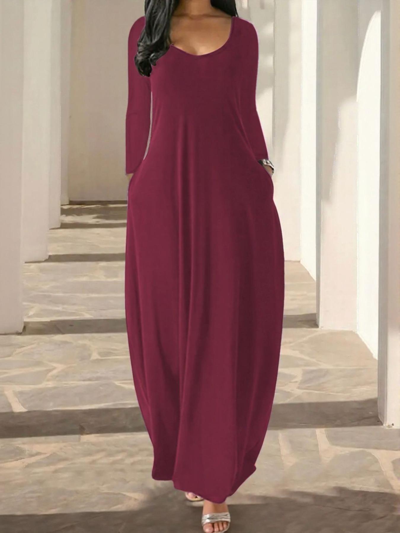 Women's Long Coffee Leopard Print Home Dress, Round Neck Long Sleeve Pocket Sleepwear, Soft Fabric All Seasons Casual Style