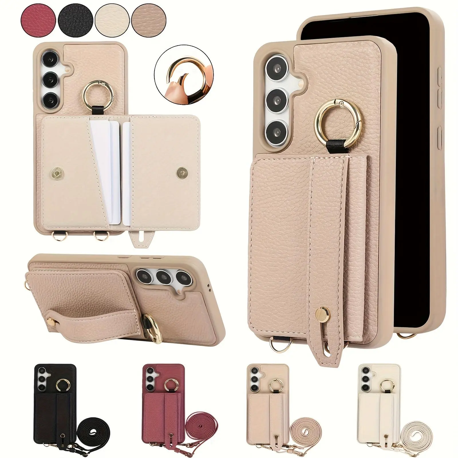 [Phone Case Wallet Cover] Fashion Crossbody Bag Faux Leather Phone Case for Samsung Galaxy S26 S25 Edge S25 FE S24 S23 S22 Ultra Plus with Wrist Ring Long Lanyard Wallet 3 Card Slot Holder Cover