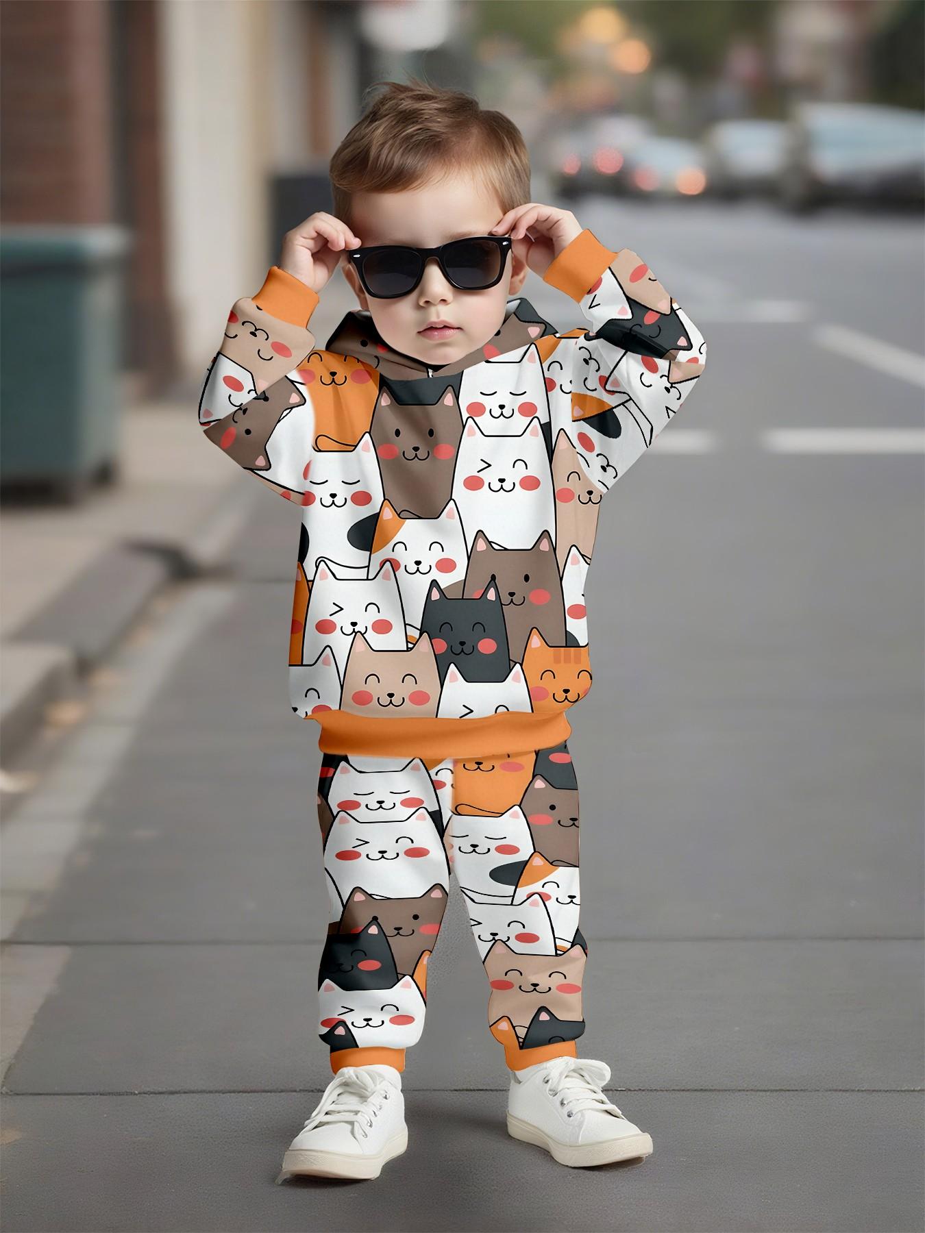 Full Color Cartoon Cat Print Sweatpants Set, Ribbed Hem, Unisex Kids' Long Sleeve Loose Fit, Fall & Winter Casual Suit